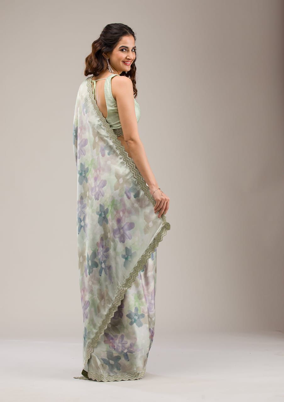 Light Green Printed Satin Georgette Silk Saree