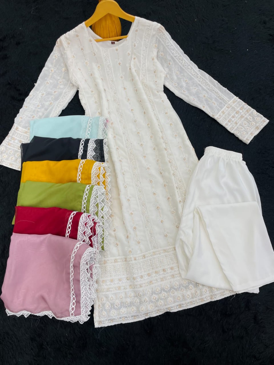 White Georgette Punjabi With Different Colour Dupattas