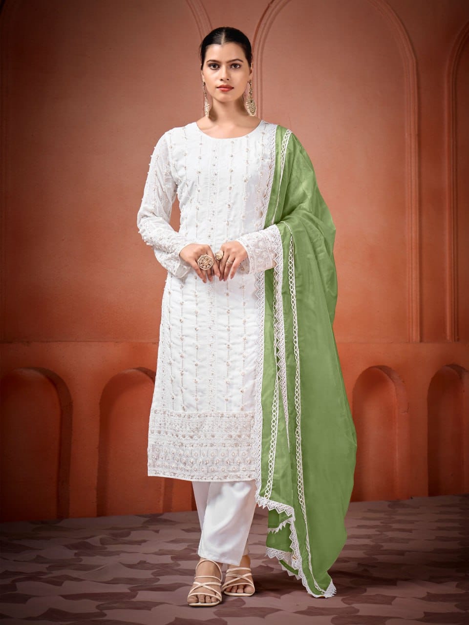 White Georgette Punjabi With Different Colour Dupattas