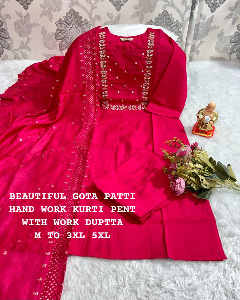 Cherry Red Muslin Silk Punjabi