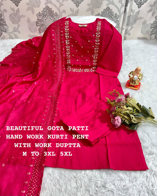 Cherry Red Muslin Silk Punjabi