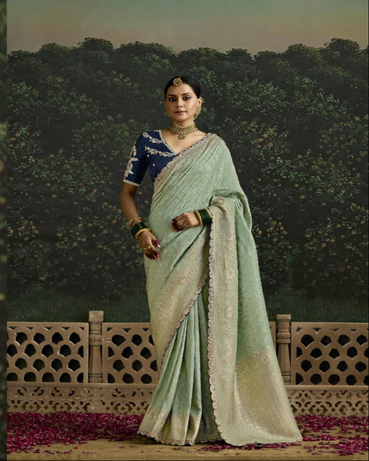 Woman in traditional saree with intricate design, standing outdoors.