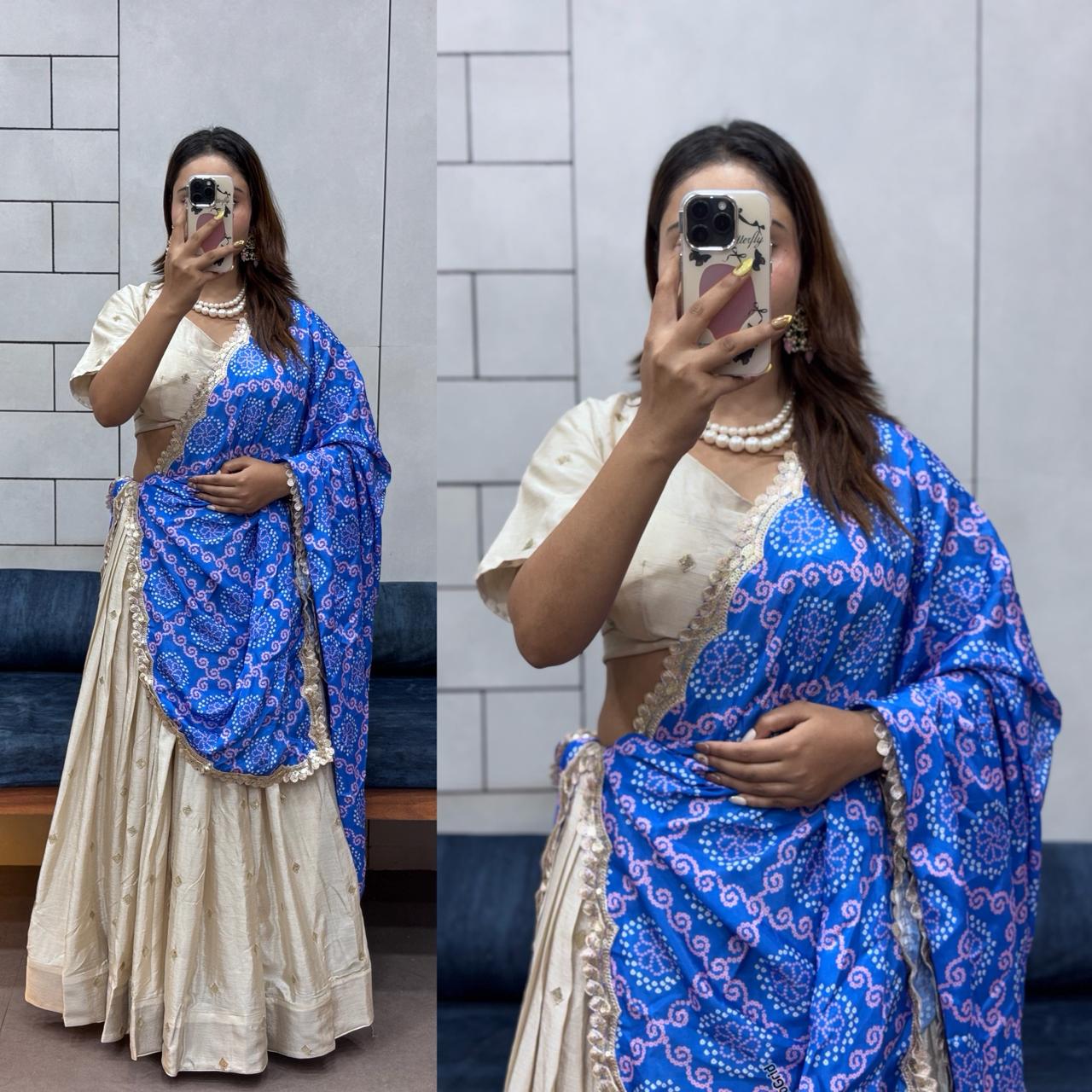 Cream Chinon Silk Lehenga