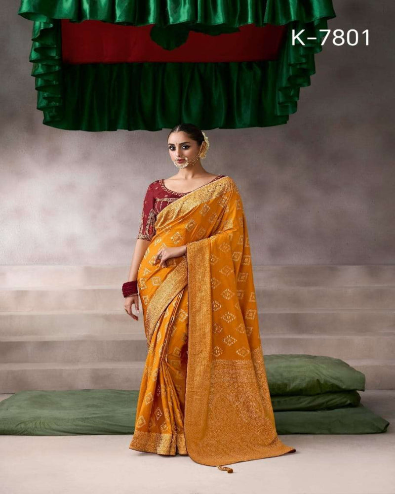 Orange and Red Crepe Silk Saree