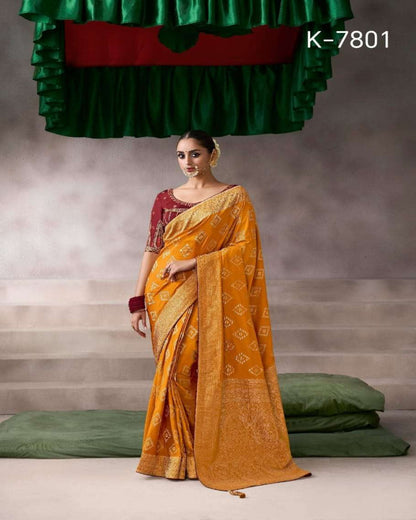 Orange and Red Crepe Silk Saree
