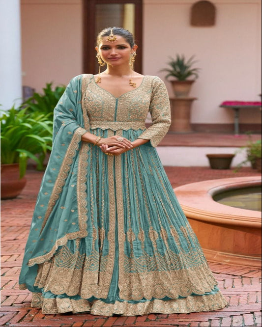 Teal Green Long Top Lehenga