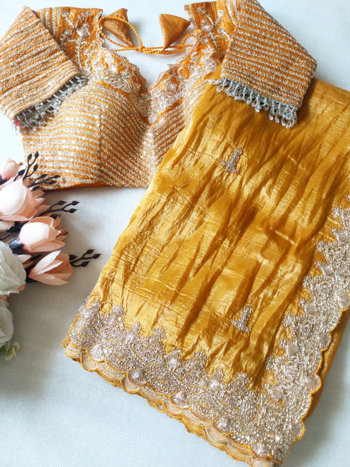 Yellow Crinkled Silk Saree