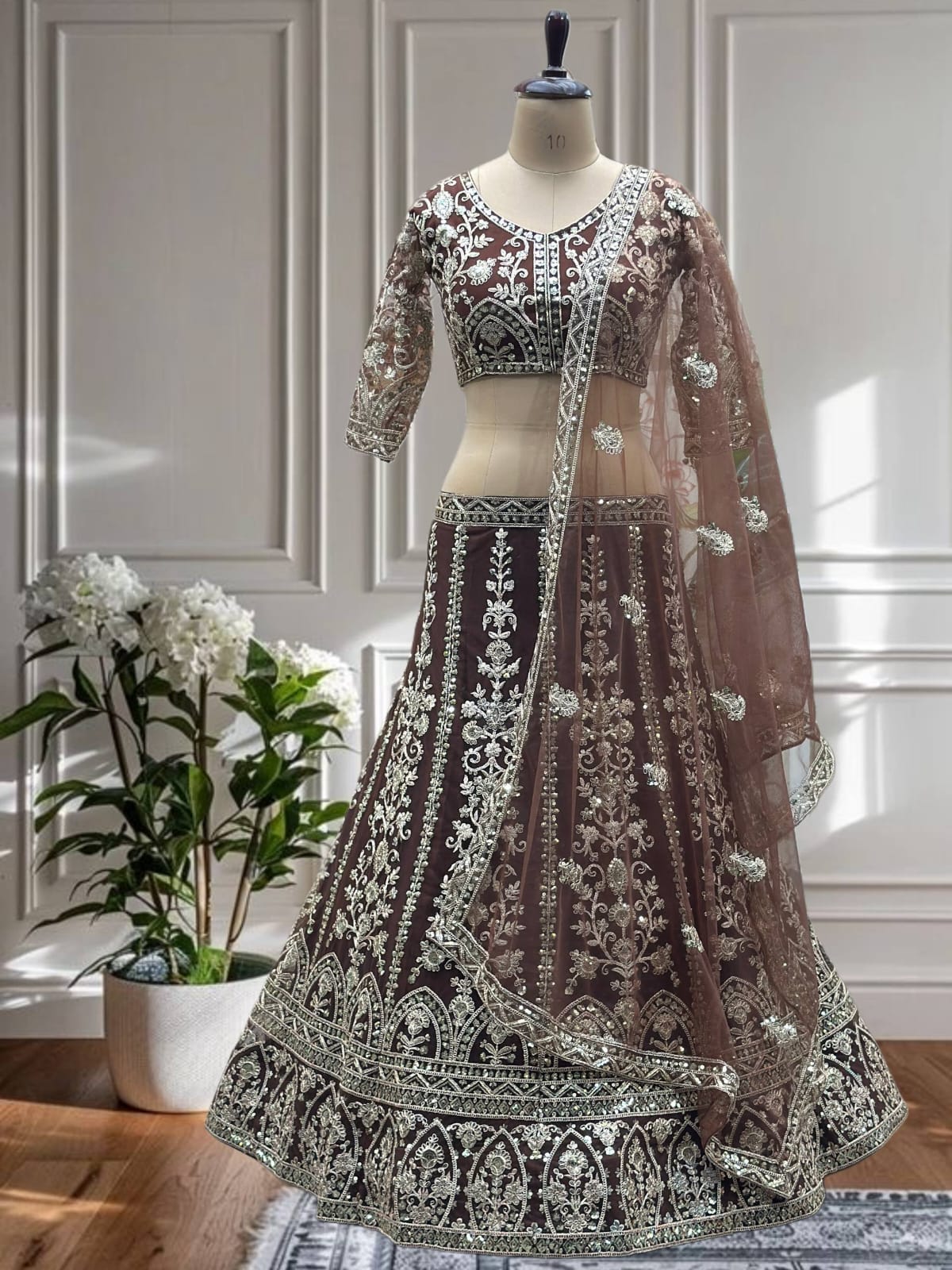 Brown Butterfly Net Lehenga
