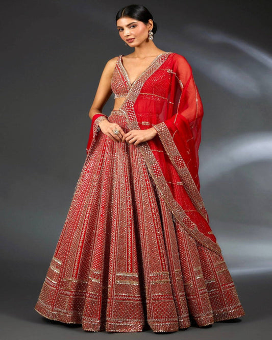 Red Satin Silk Lehenga