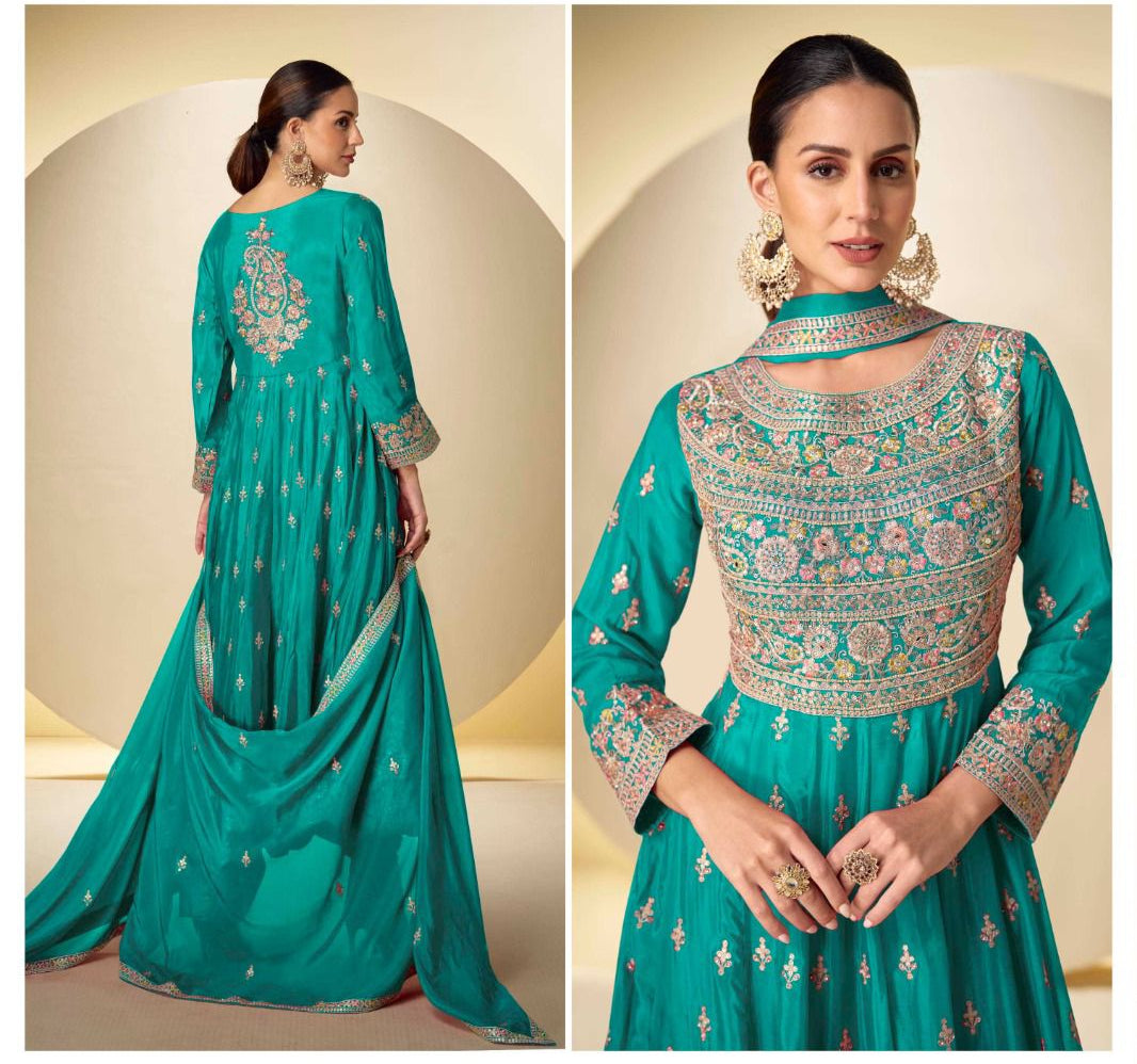 Teal Green Chinon Silk Outfit