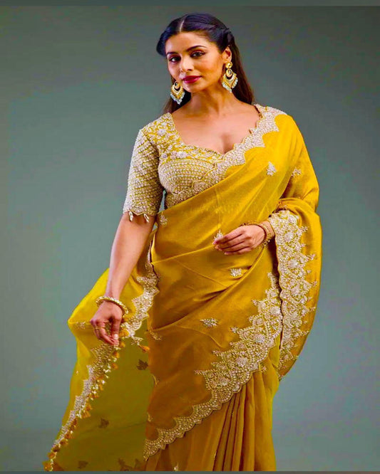 Yellow Crinkled Silk Saree