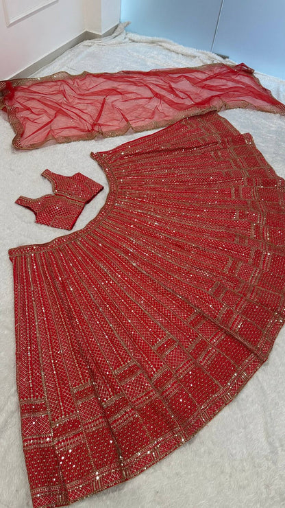 Red Satin Silk Lehenga