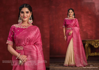 Pink And Cream Ready To Wear Saree