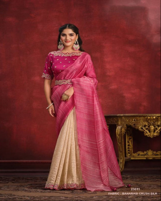 Pink And Cream Ready To Wear Saree