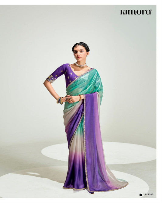 Teal Blue And Purple Silk Saree