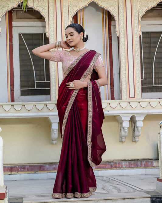 Maroon Satin velvet Saree