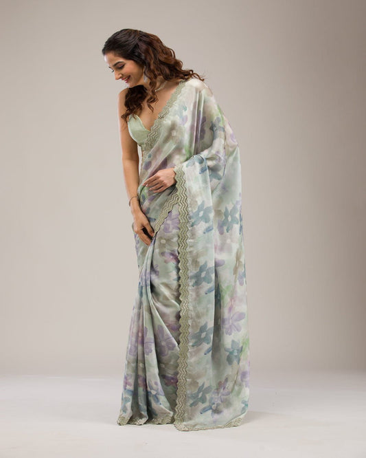 Light Green Printed Satin Georgette Silk Saree