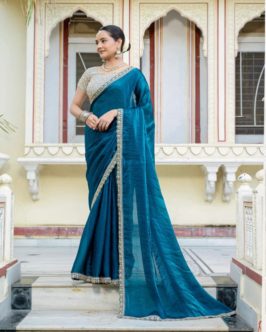 Crush Blue Satin Velvet Saree