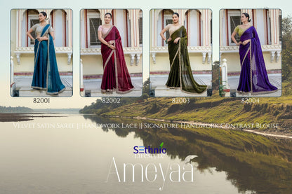 Crush Blue Satin Velvet Saree