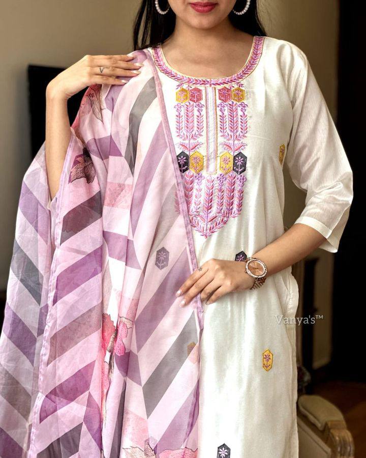 White Chanderi Silk Punjabi