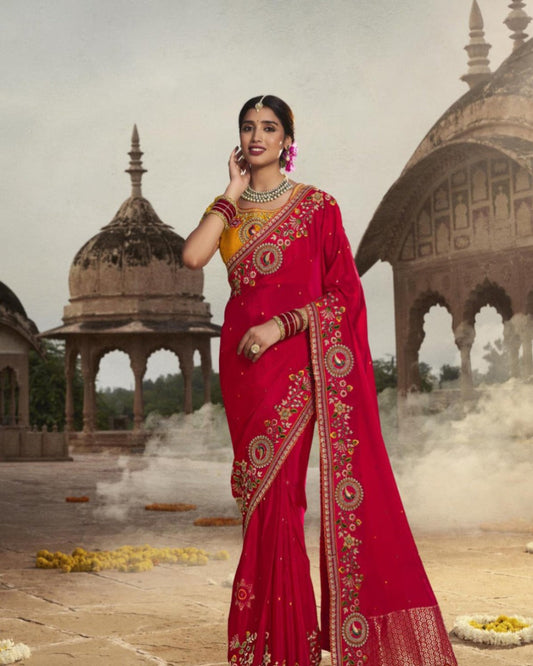 Yellow and Tomato Red Silk Saree