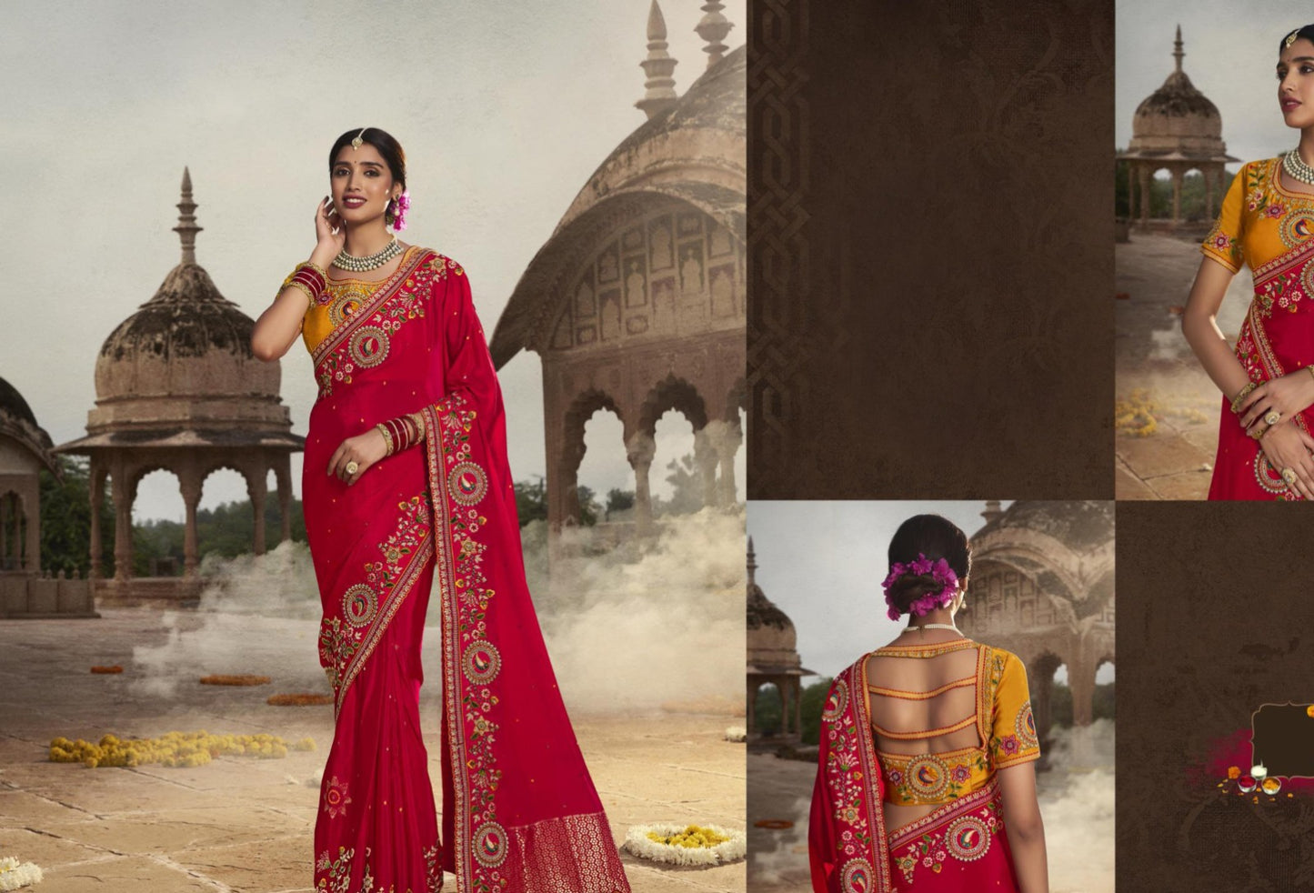 Yellow and Tomato Red Silk Saree