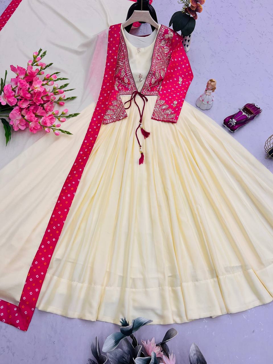 Cream Gown With Pink Koti