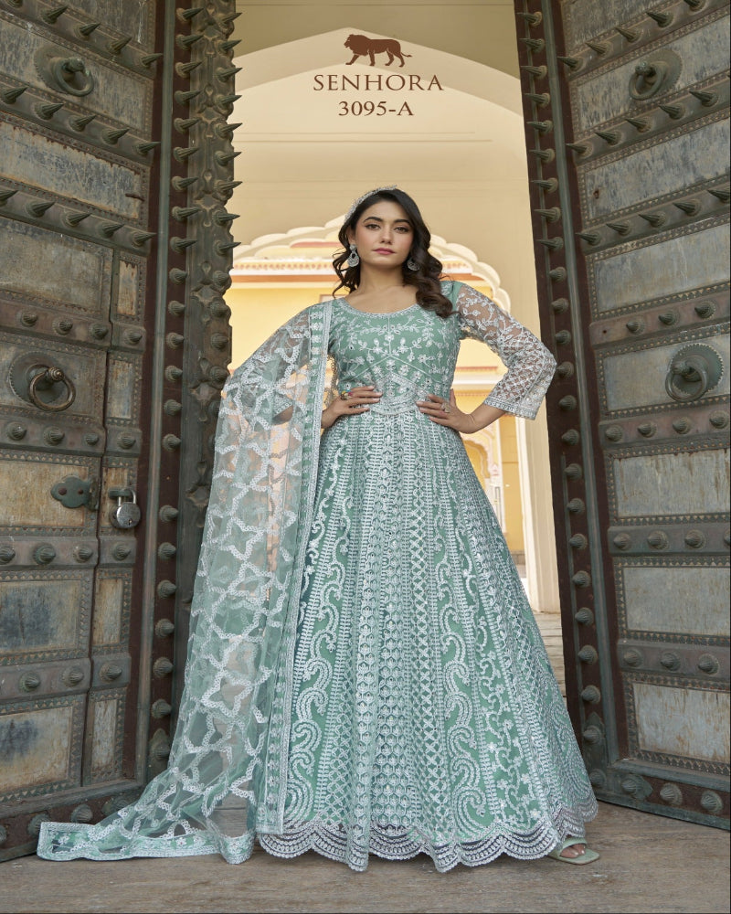 Light Mint Green Net Gown With Dupatta
