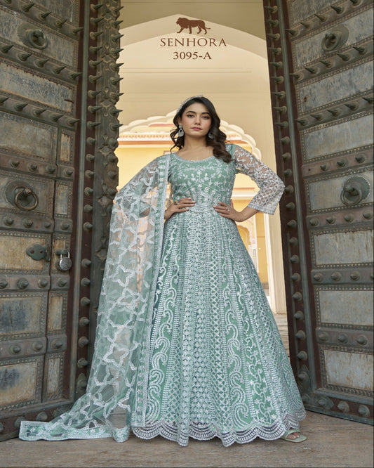 Light Mint Green Net Gown With Dupatta
