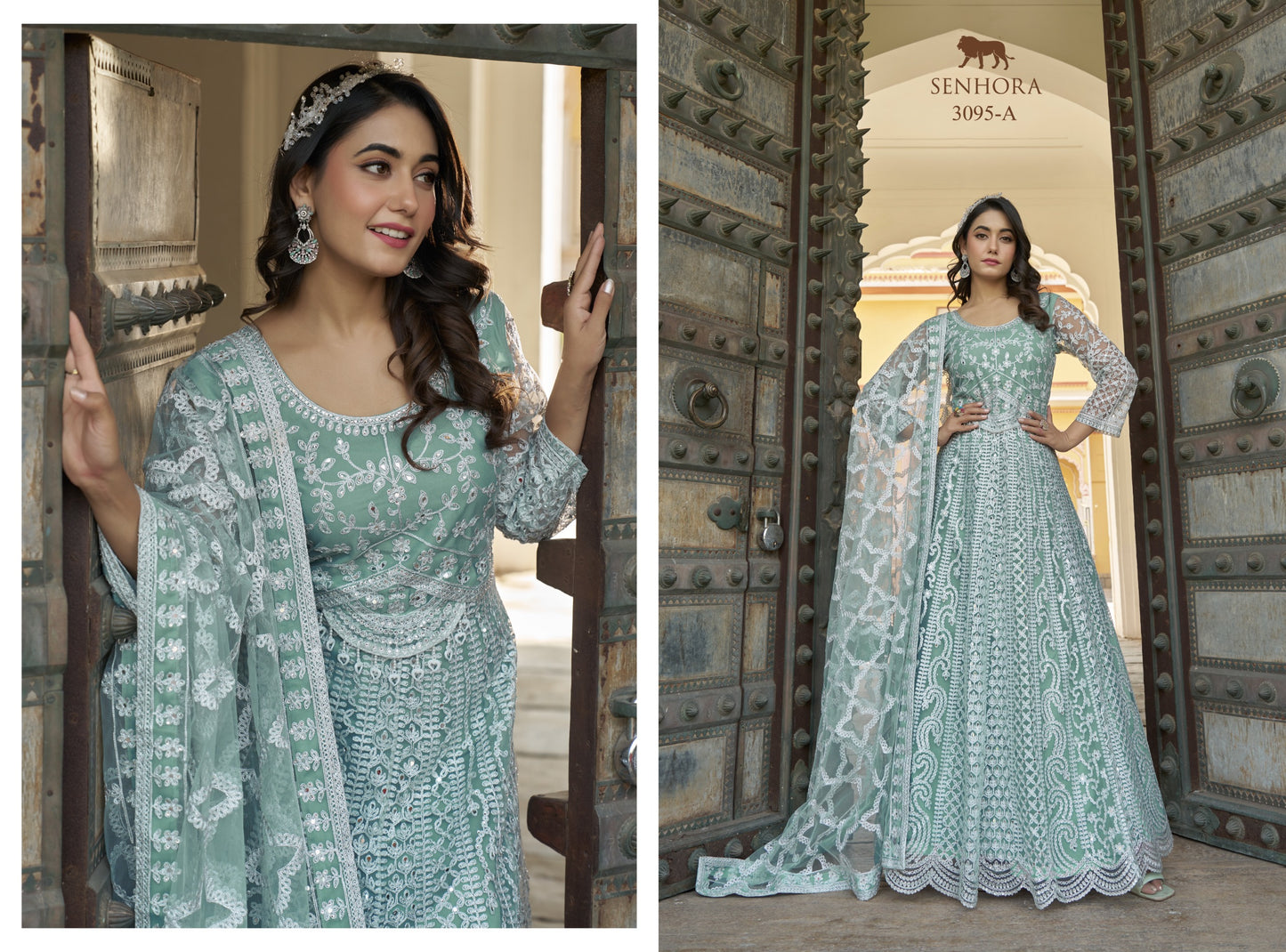 Light Mint Green Net Gown With Dupatta