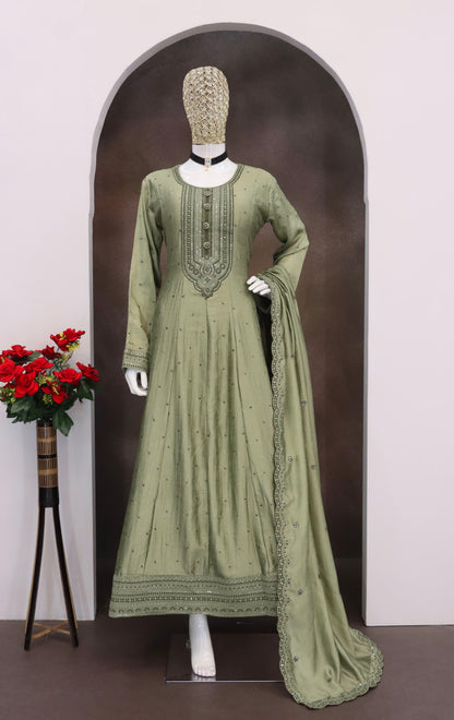 Olive Green Silk Gown