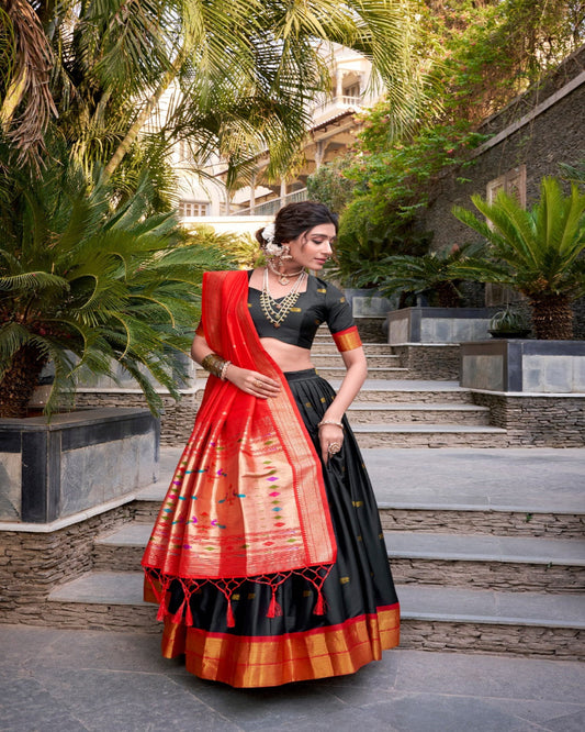 Black And Orange Silk Lehenga