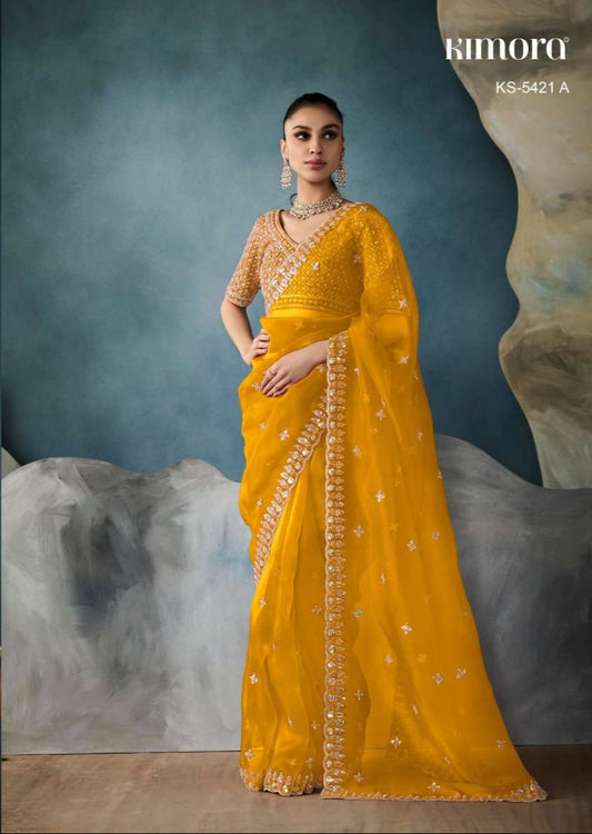 Chrome Yellow Net Saree