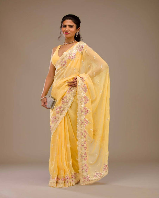 Yellow Crunchy Silk Saree