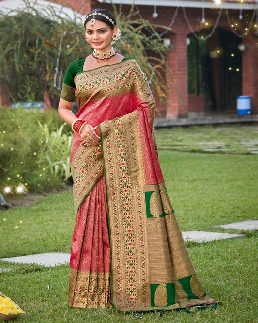 Pink And Green Banarsi Silk Saree