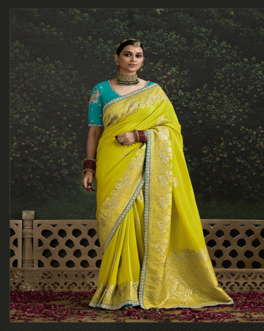 Woman in a yellow saree with green blouse and a close-up of the blouse's details.