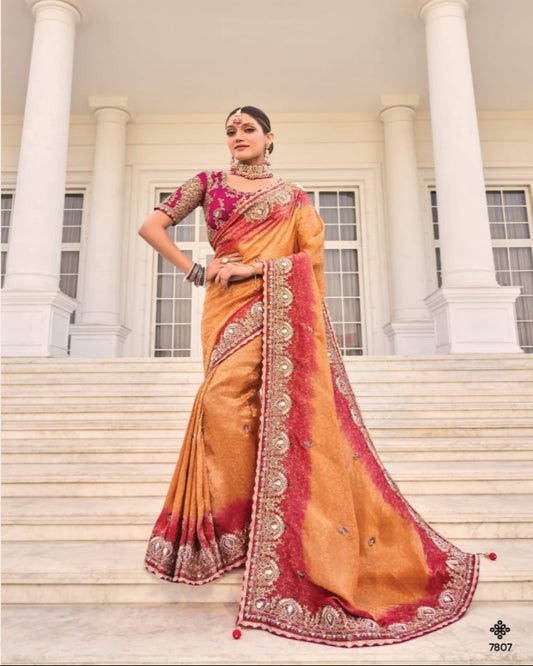 Pink And Orange Two Toned Wedding Saree