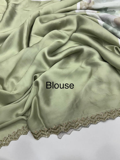 Light Green Printed Satin Georgette Silk Saree