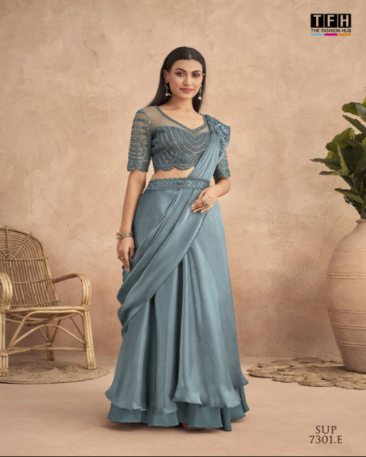 Ash Green Lehenga Saree