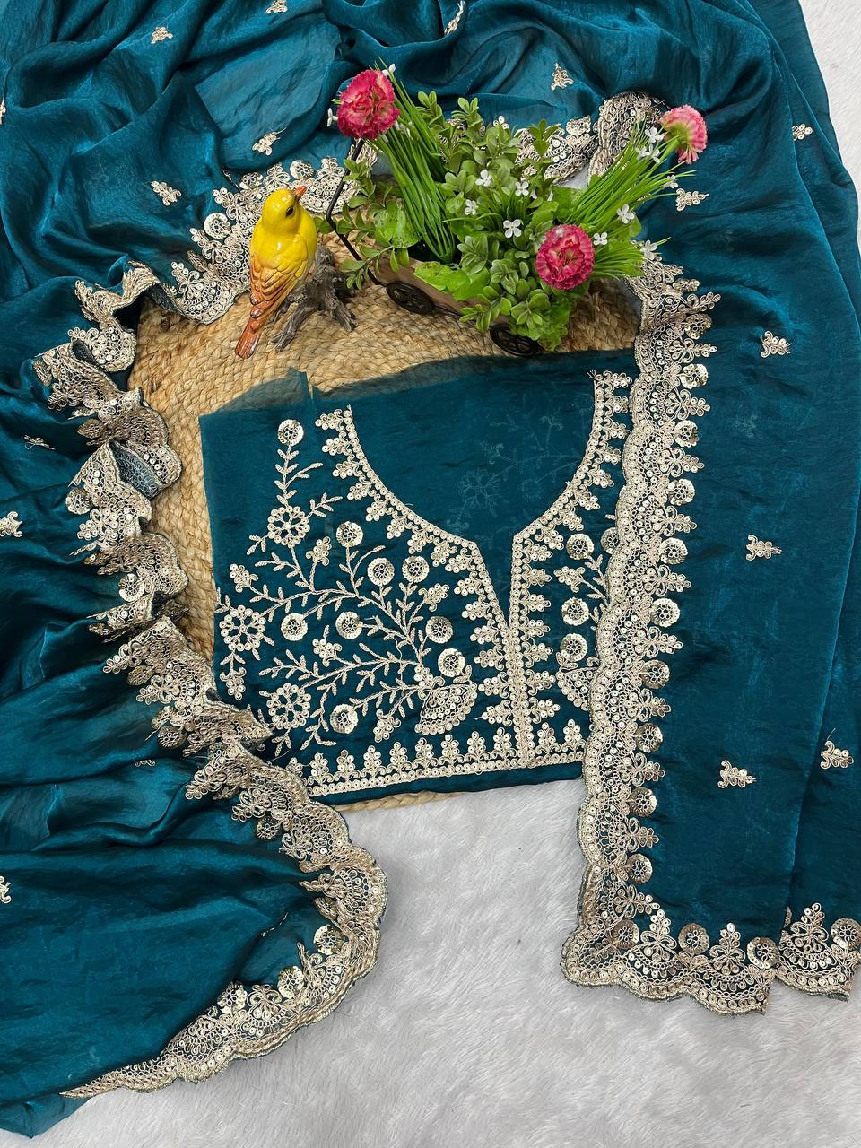 Green Satin Silk Saree