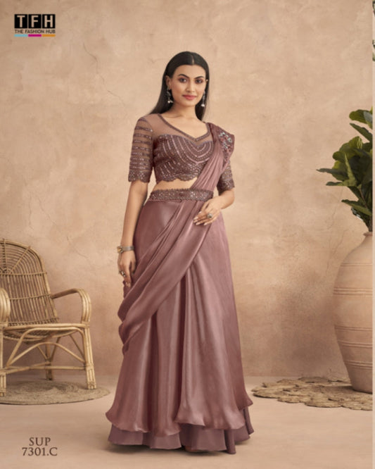 Rust Pink Lehenga Saree
