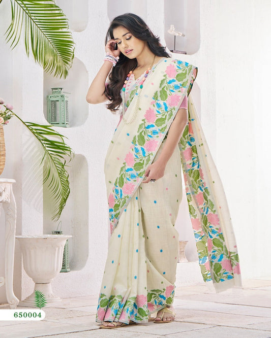 Line Silk Cream Saree