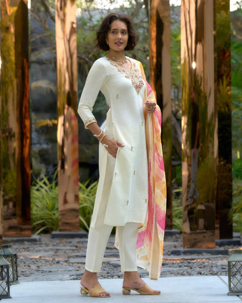 Cream White Vatican Silk Punjabi