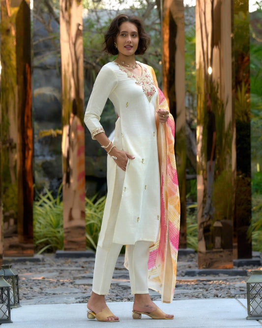Cream White Vatican Silk Punjabi