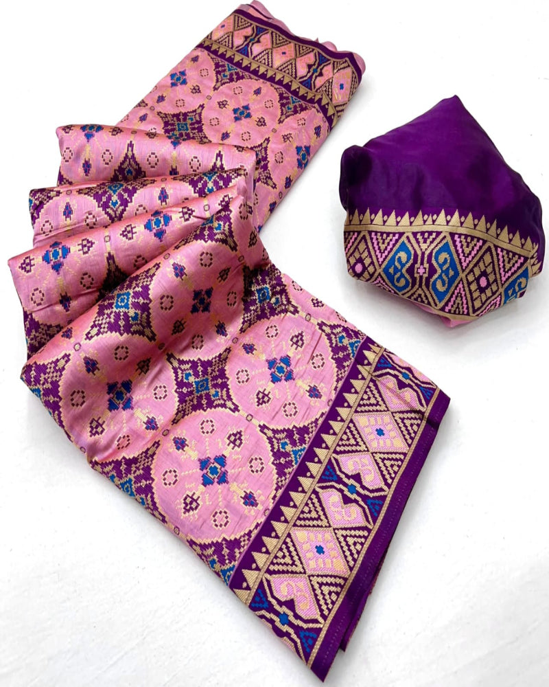 Pink and purple patterned fabric with a decorative bag on a white background