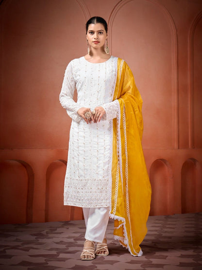 White Georgette Punjabi With Different Colour Dupattas
