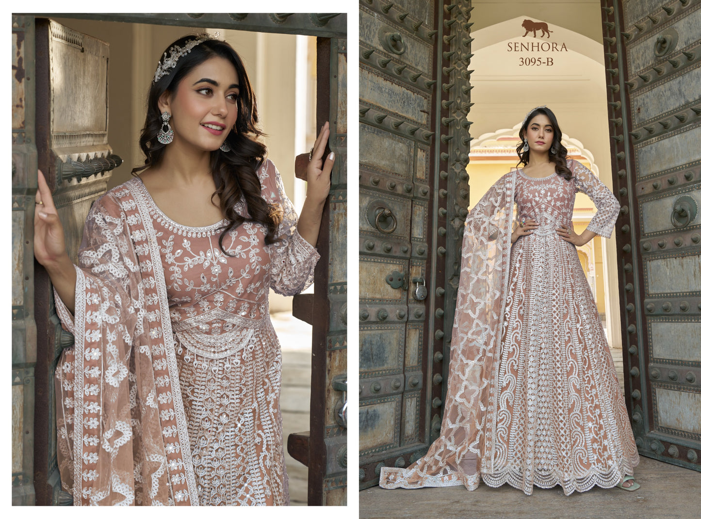 Light Peach Net Gown With Dupatta