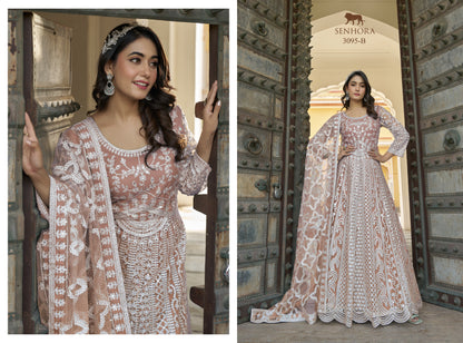 Light Peach Net Gown With Dupatta
