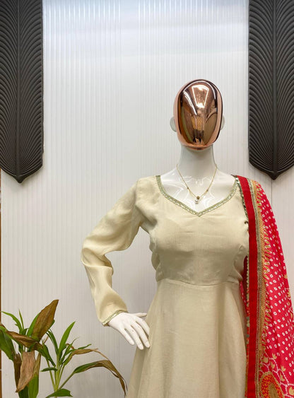 Cream Bandhani Anarkali