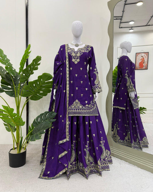 Purple Chinon Silk Palazzo Outfit